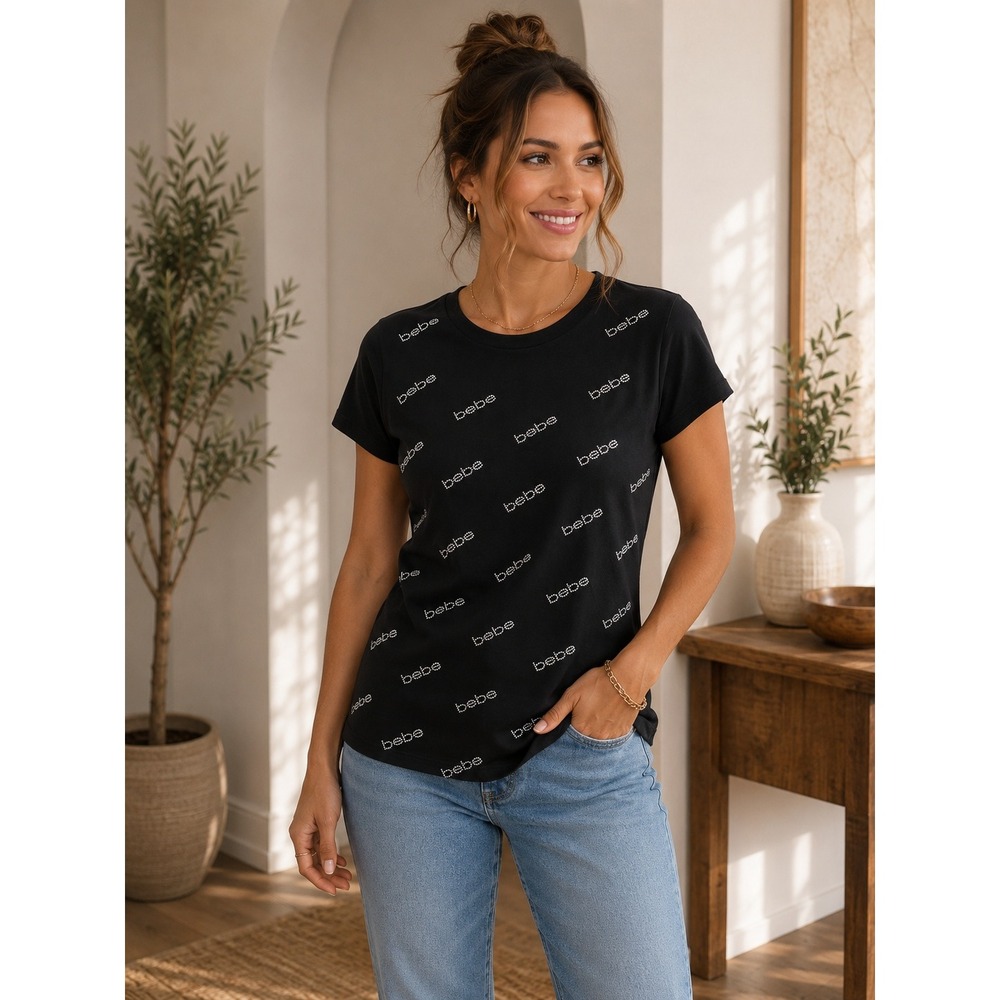 Bebe Women's Black Rhinestone Logo Crew Neck Short Sleeve T-Shirt Glam Tee